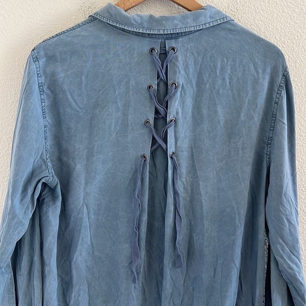 Cloth & Stone Chambray Pleaded Back Tie Long Sleeve Dress Large - Picture 6 of 8